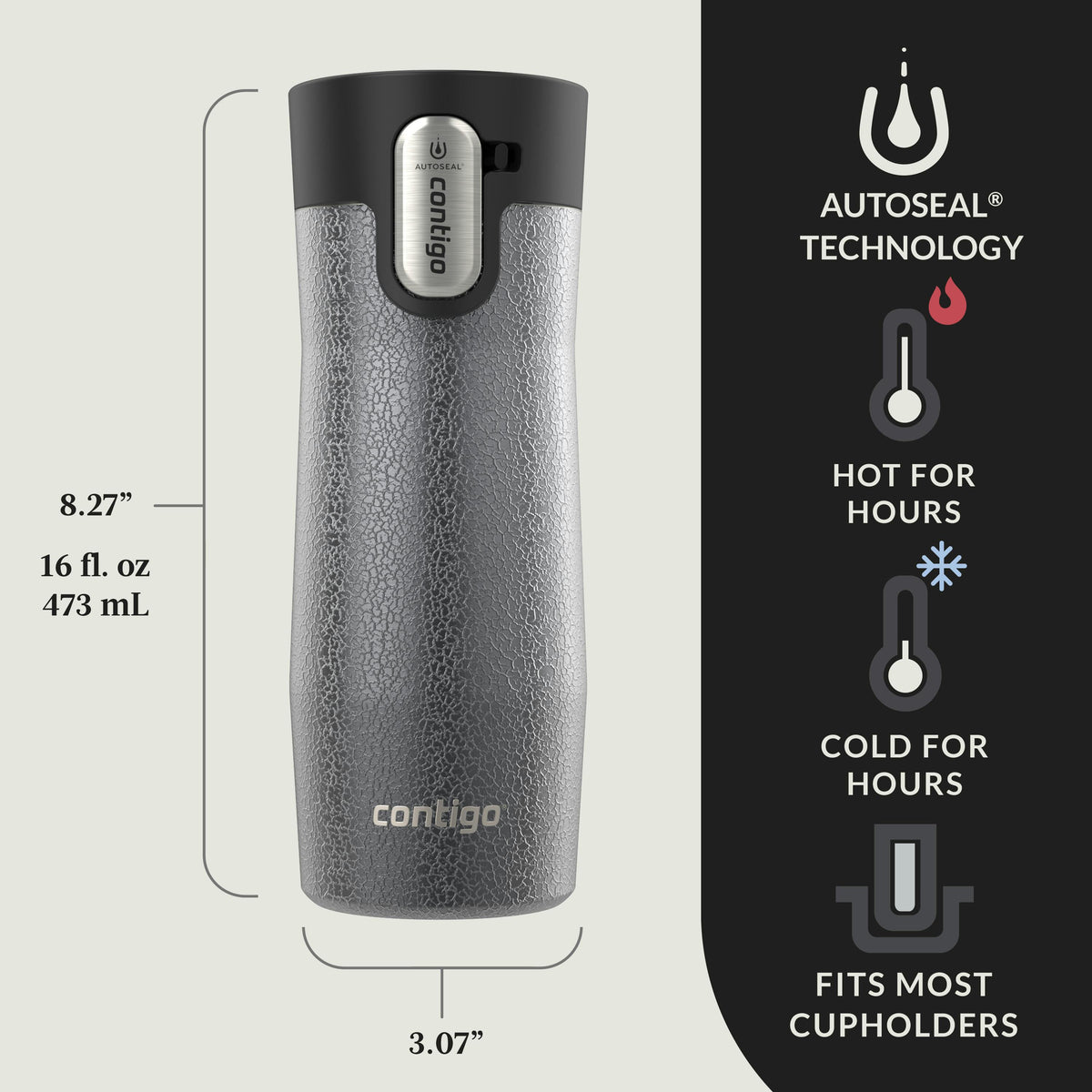 AUTOSEAL West Loop Vacuum-Insulated Stainless Steel Travel Mug with Easy-Clean Lid, 16 oz